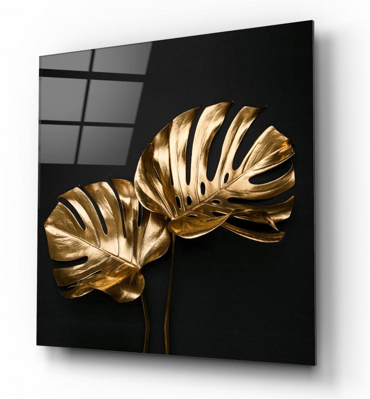 Gold Yapraklar Kare Cam Tablo