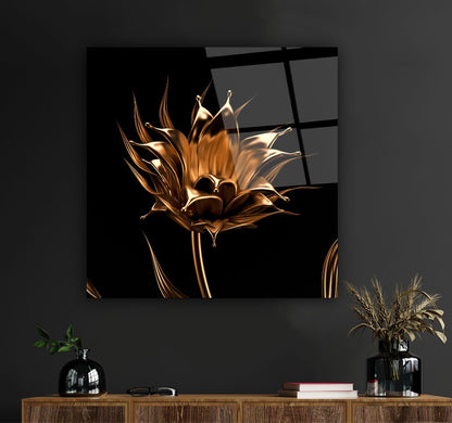 Gold Çiçek Kare Cam Tablo