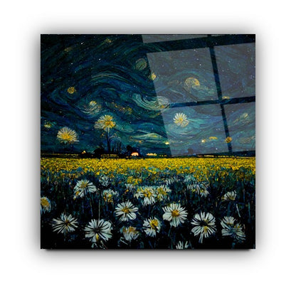 Yıldızlı Gece ve Çiçekler Kare Cam Tablo