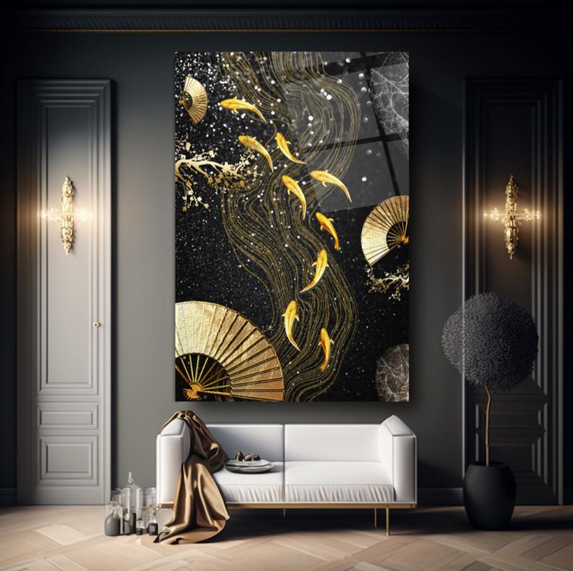 Gold Balıklar Dikey Cam Tablo