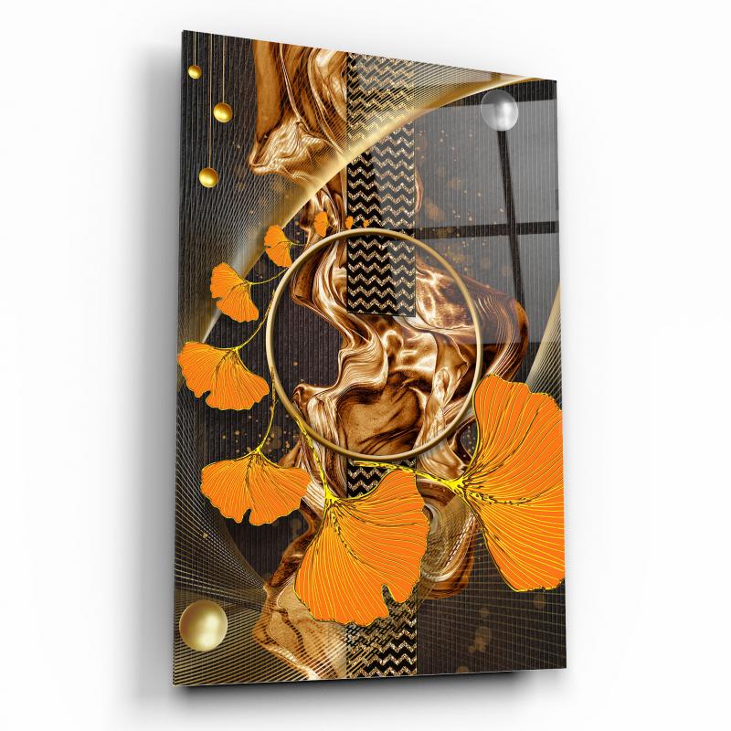 Gold Çiçekler Dikey Cam Tablo