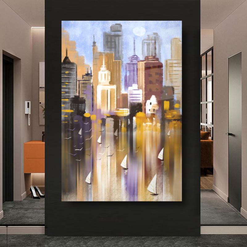 Soyut Şehir Dikey Cam Tablo