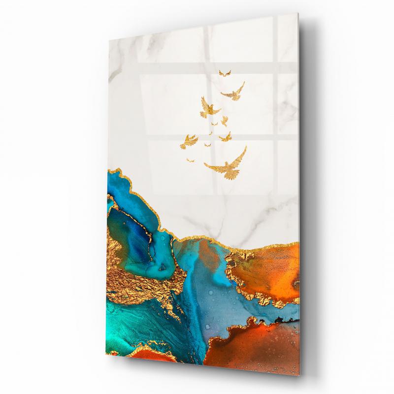 Gold Kuşlar Dikey Cam Tablo