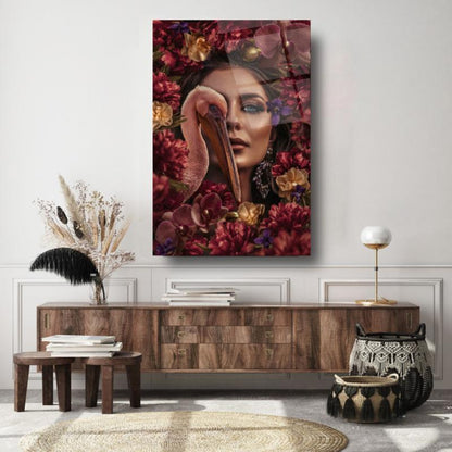 Çiçekli Kadın Dikey Cam Tablo