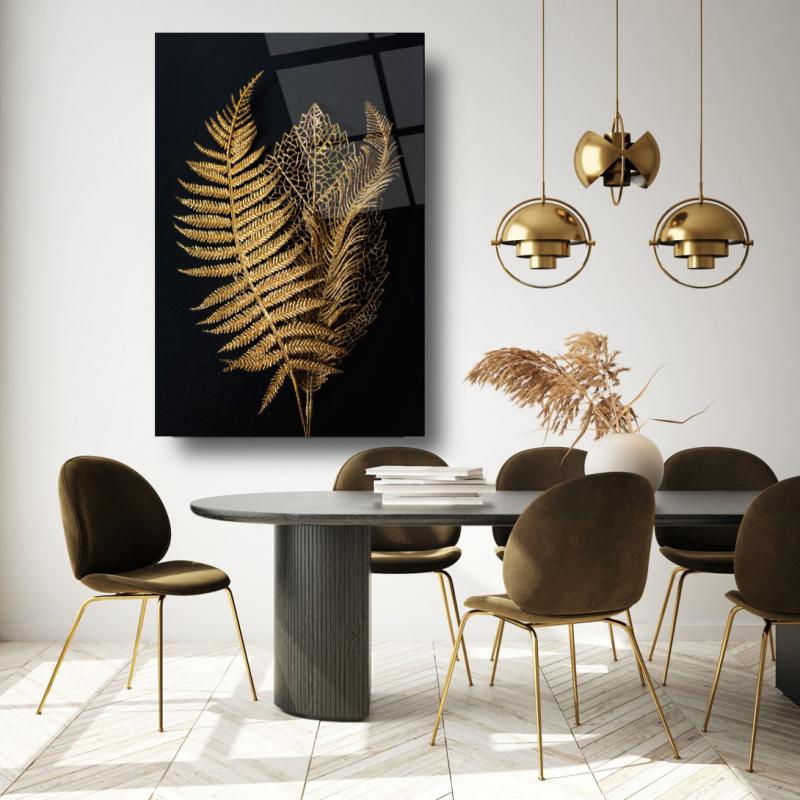 Gold Yapraklar Dikey Cam Tablo