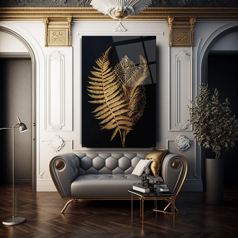Gold Yapraklar Dikey Cam Tablo
