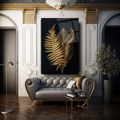Gold Yapraklar Dikey Cam Tablo