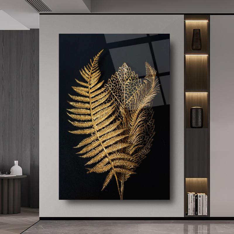 Gold Yapraklar Dikey Cam Tablo