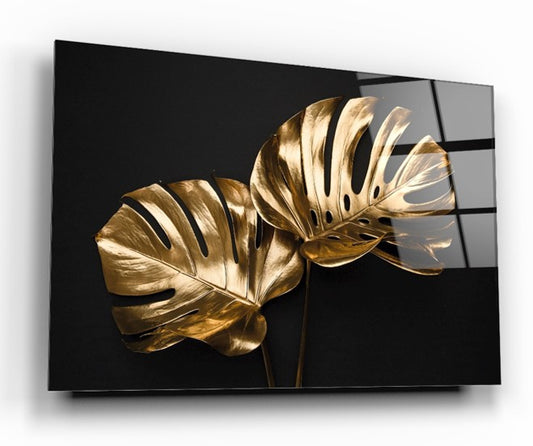 Gold Yapraklar Yatay Cam Tablo