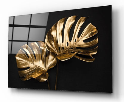 Gold Yapraklar Yatay Cam Tablo