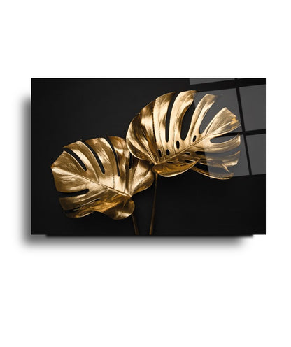 Gold Yapraklar Yatay Cam Tablo