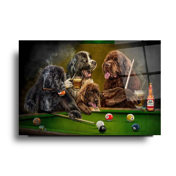 Bilardo ve Köpekler Yatay Cam Tablo