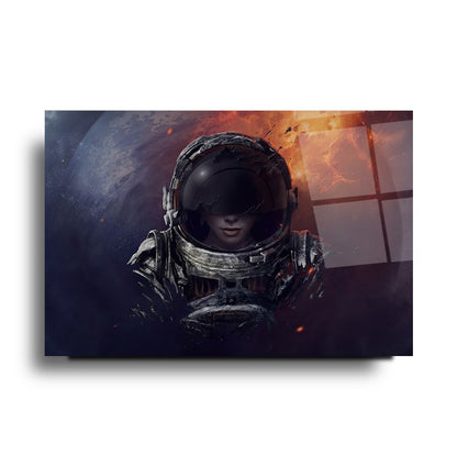 Kadın Astronot Yatay Cam Tablo
