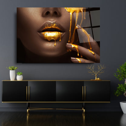 Gold Kadın Dudağı Yatay Cam Tablo