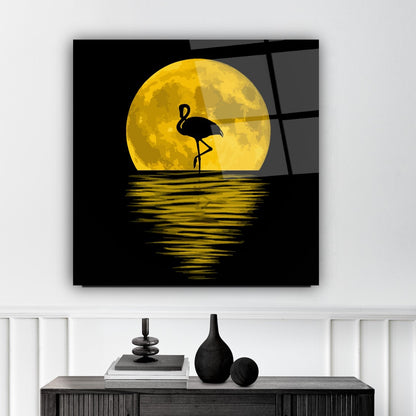 Ay Manzarası ve Flamingo Kare Cam Tablo