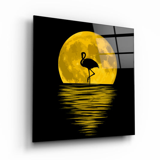 Ay Manzarası ve Flamingo Kare Cam Tablo