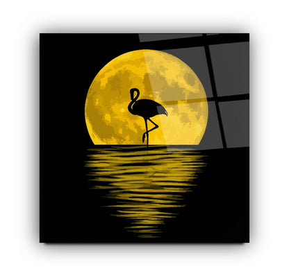 Ay Manzarası ve Flamingo Kare Cam Tablo