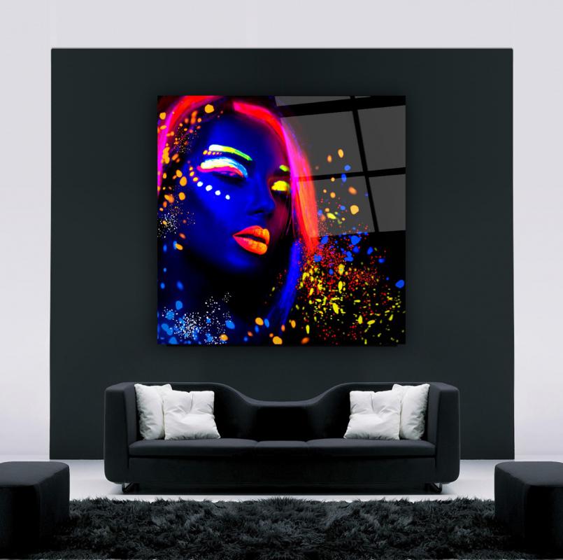 Neon Kadın Kare Cam Tablo
