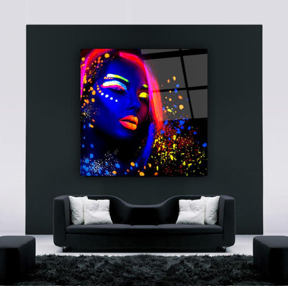 Neon Kadın Kare Cam Tablo