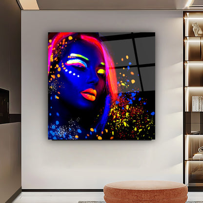 Neon Kadın Kare Cam Tablo