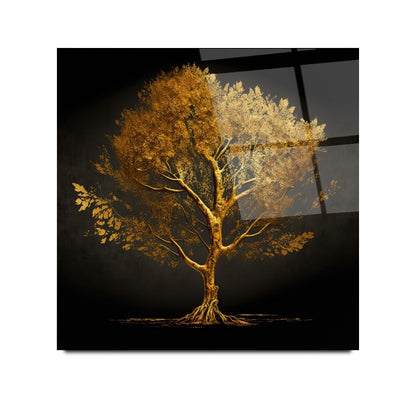 Gold Ağaç Kare Cam Tablo