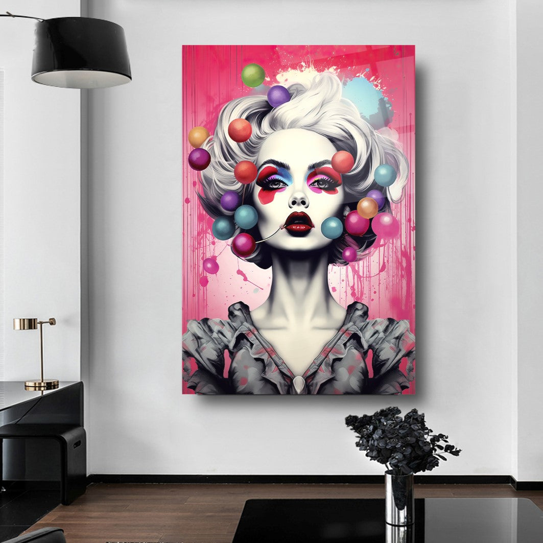 Kadın Pop Art Dikey Cam Tablo