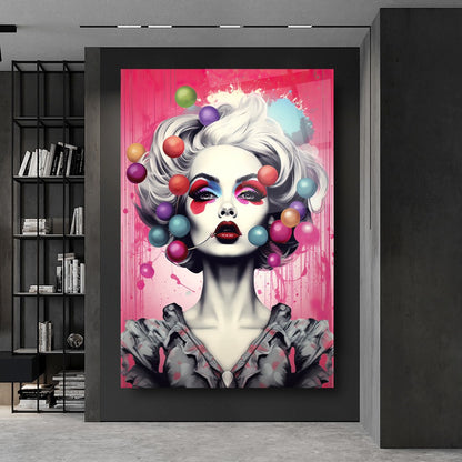 Kadın Pop Art Dikey Cam Tablo