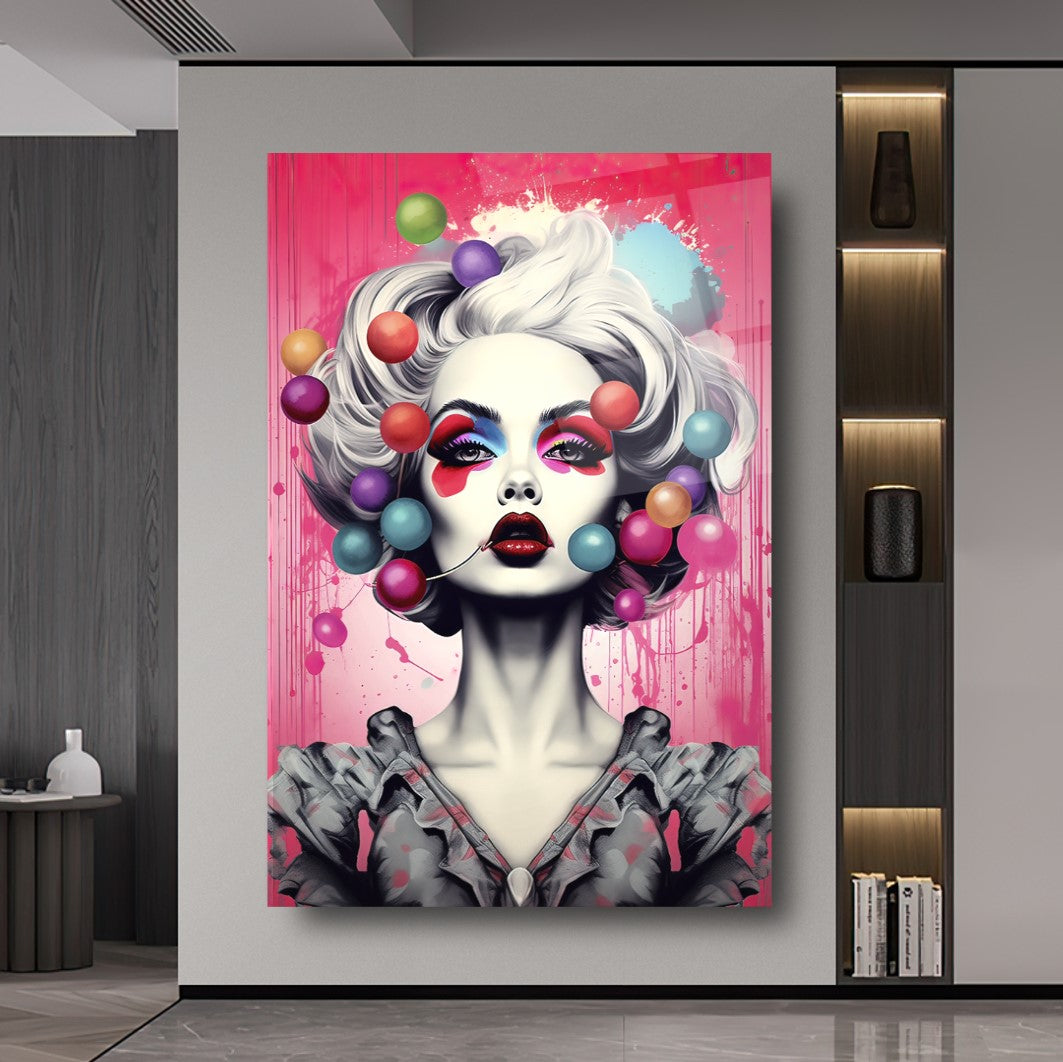 Kadın Pop Art Dikey Cam Tablo