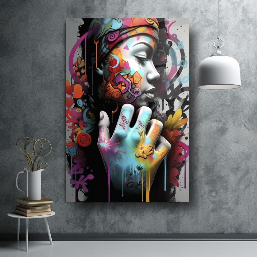Grafiti Kadın Dikey Cam Tablo