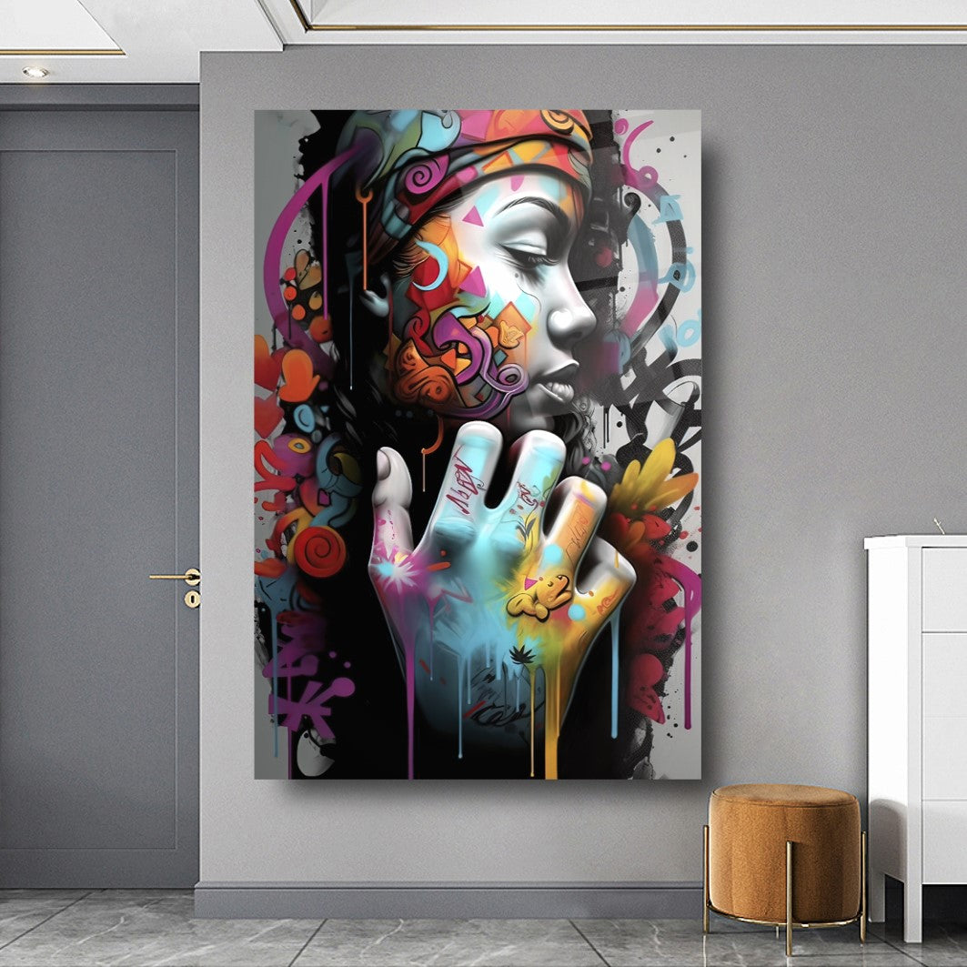 Grafiti Kadın Dikey Cam Tablo