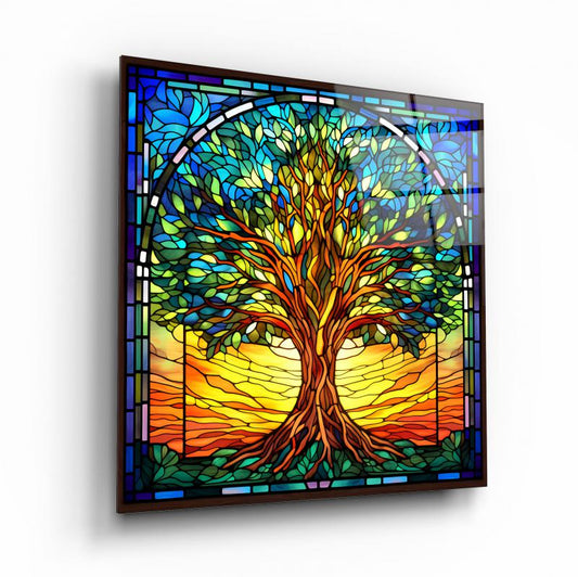 Vitray Görünümlü Hayat Ağacı Kare Cam Tablo