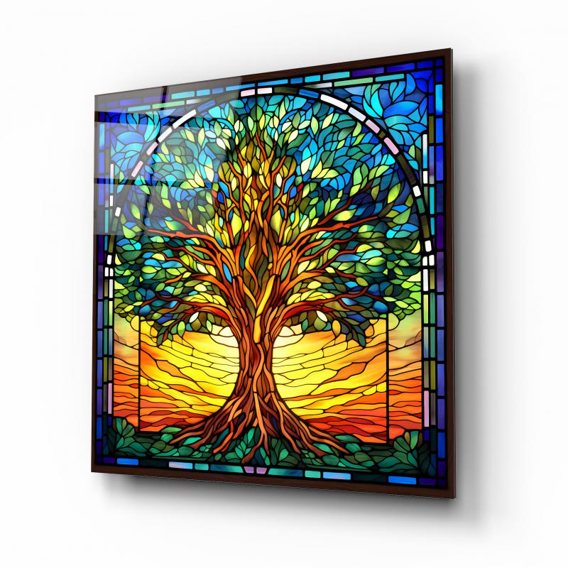 Vitray Görünümlü Hayat Ağacı Kare Cam Tablo
