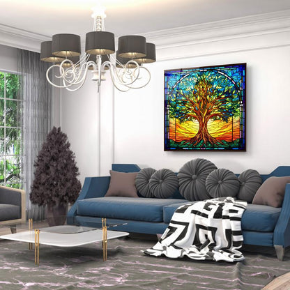Vitray Görünümlü Hayat Ağacı Kare Cam Tablo