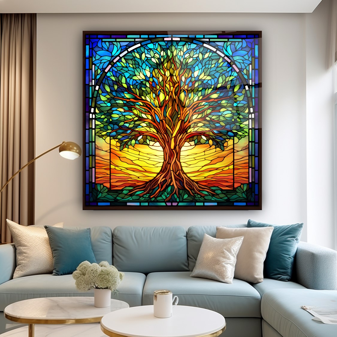 Vitray Görünümlü Hayat Ağacı Kare Cam Tablo