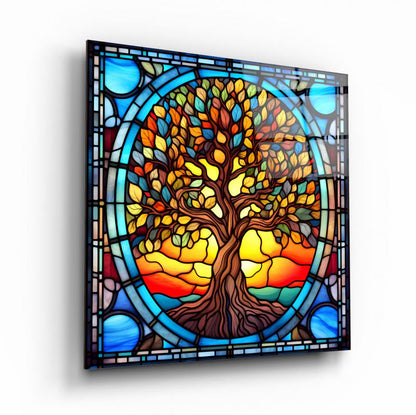 Vitray Görünümlü Hayat Ağacı Kare Cam Tablo