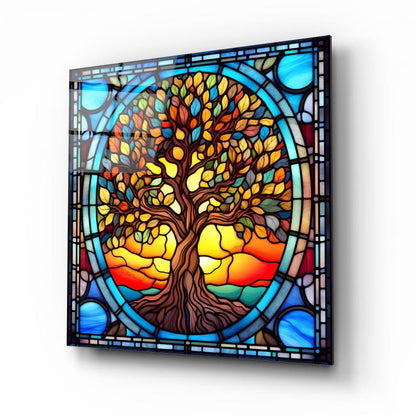 Vitray Görünümlü Hayat Ağacı Kare Cam Tablo