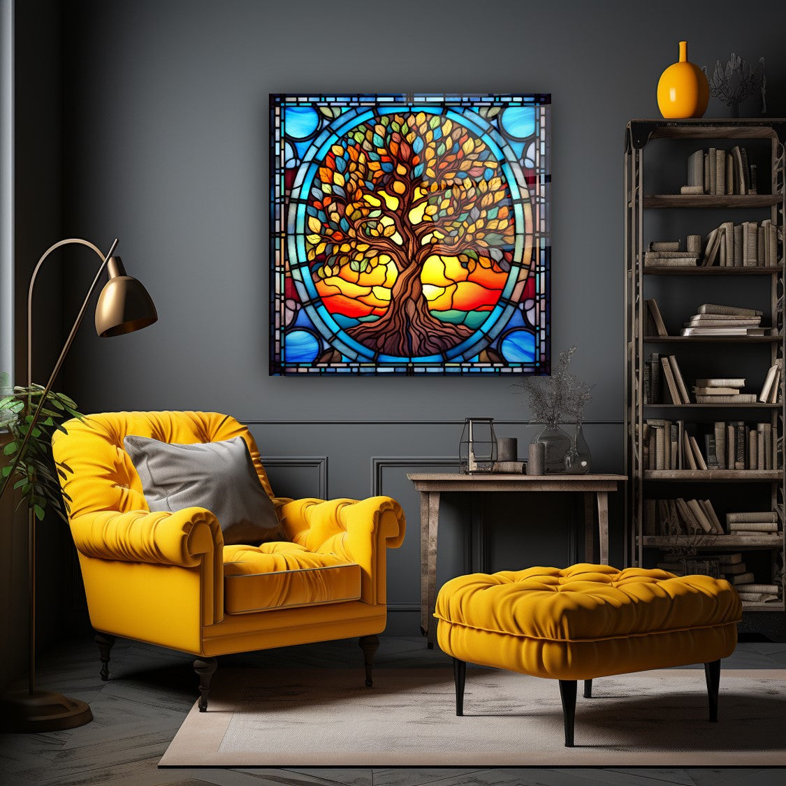Vitray Görünümlü Hayat Ağacı Kare Cam Tablo