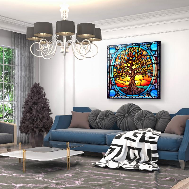 Vitray Görünümlü Hayat Ağacı Kare Cam Tablo