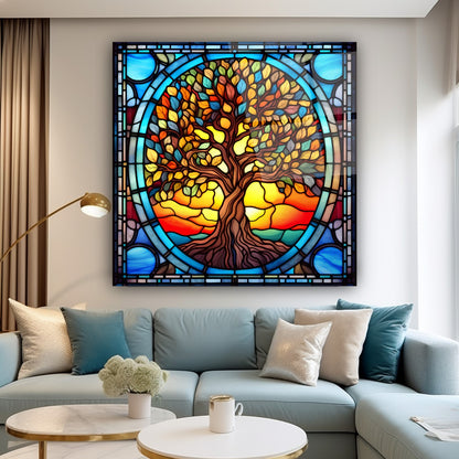 Vitray Görünümlü Hayat Ağacı Kare Cam Tablo