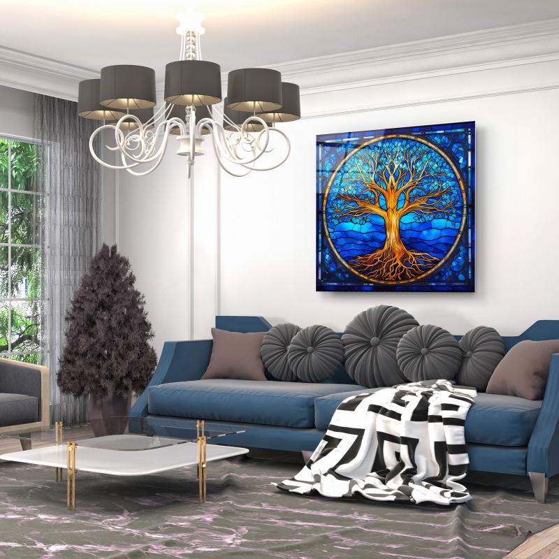 Vitray Görünümlü Hayat Ağacı Kare Cam Tablo