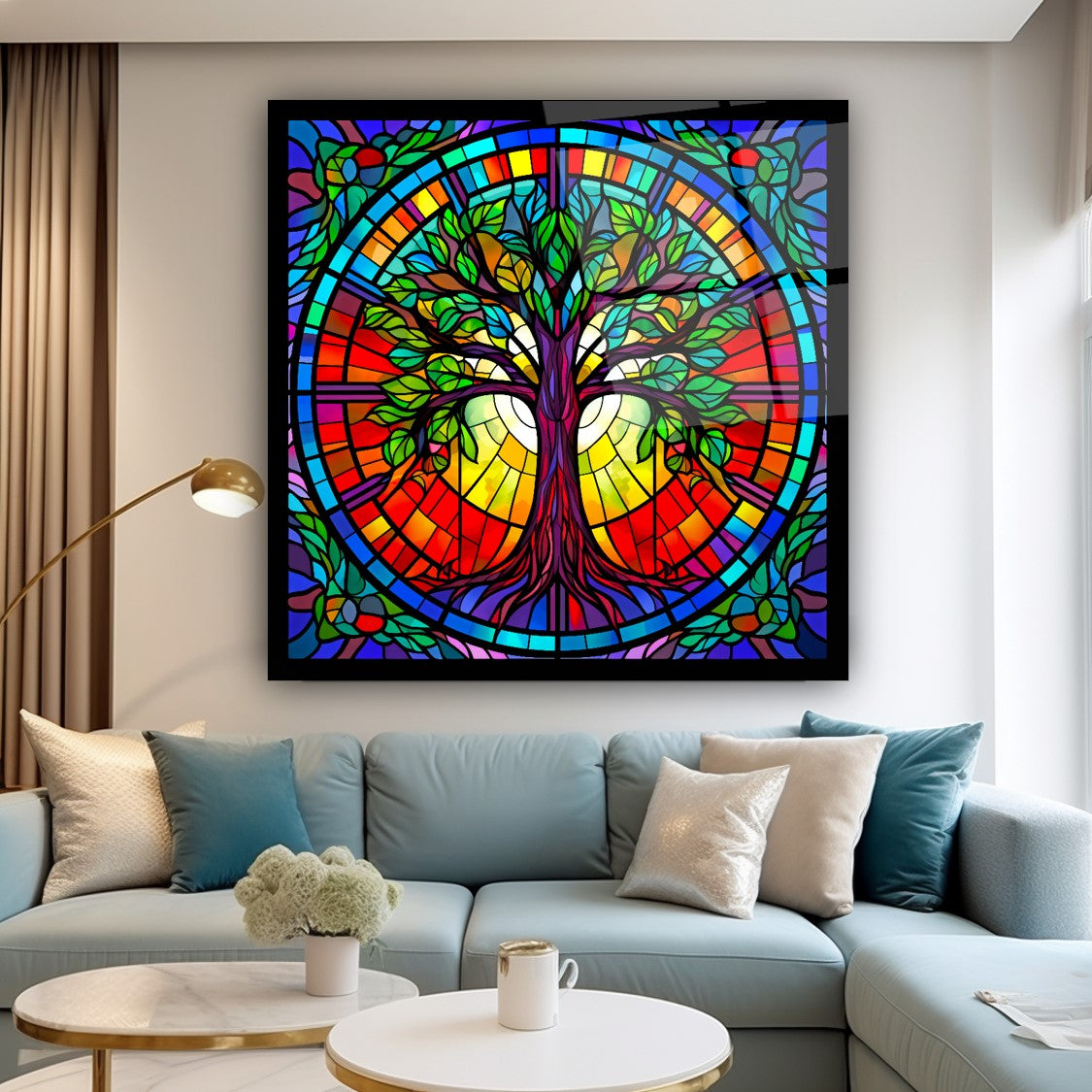 Vitray Görünümlü Hayat Ağacı Kare Cam Tablo
