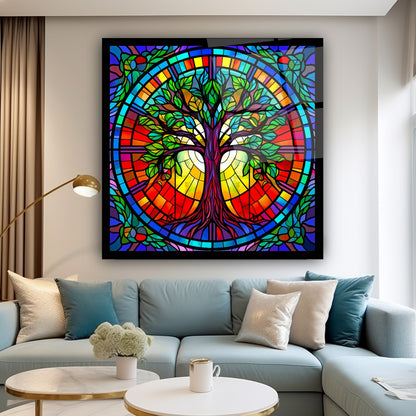 Vitray Görünümlü Hayat Ağacı Kare Cam Tablo