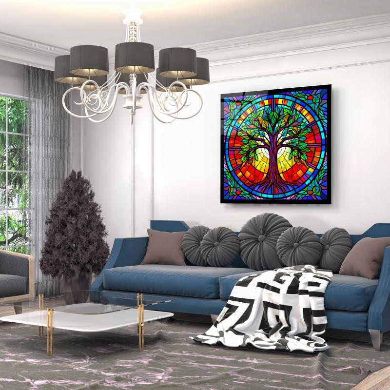 Vitray Görünümlü Hayat Ağacı Kare Cam Tablo