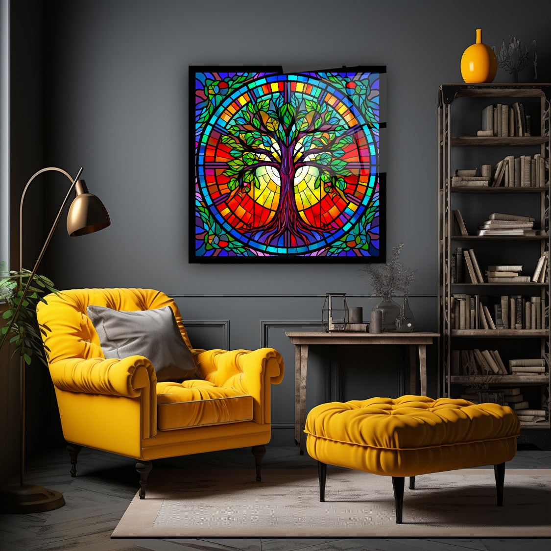 Vitray Görünümlü Hayat Ağacı Kare Cam Tablo