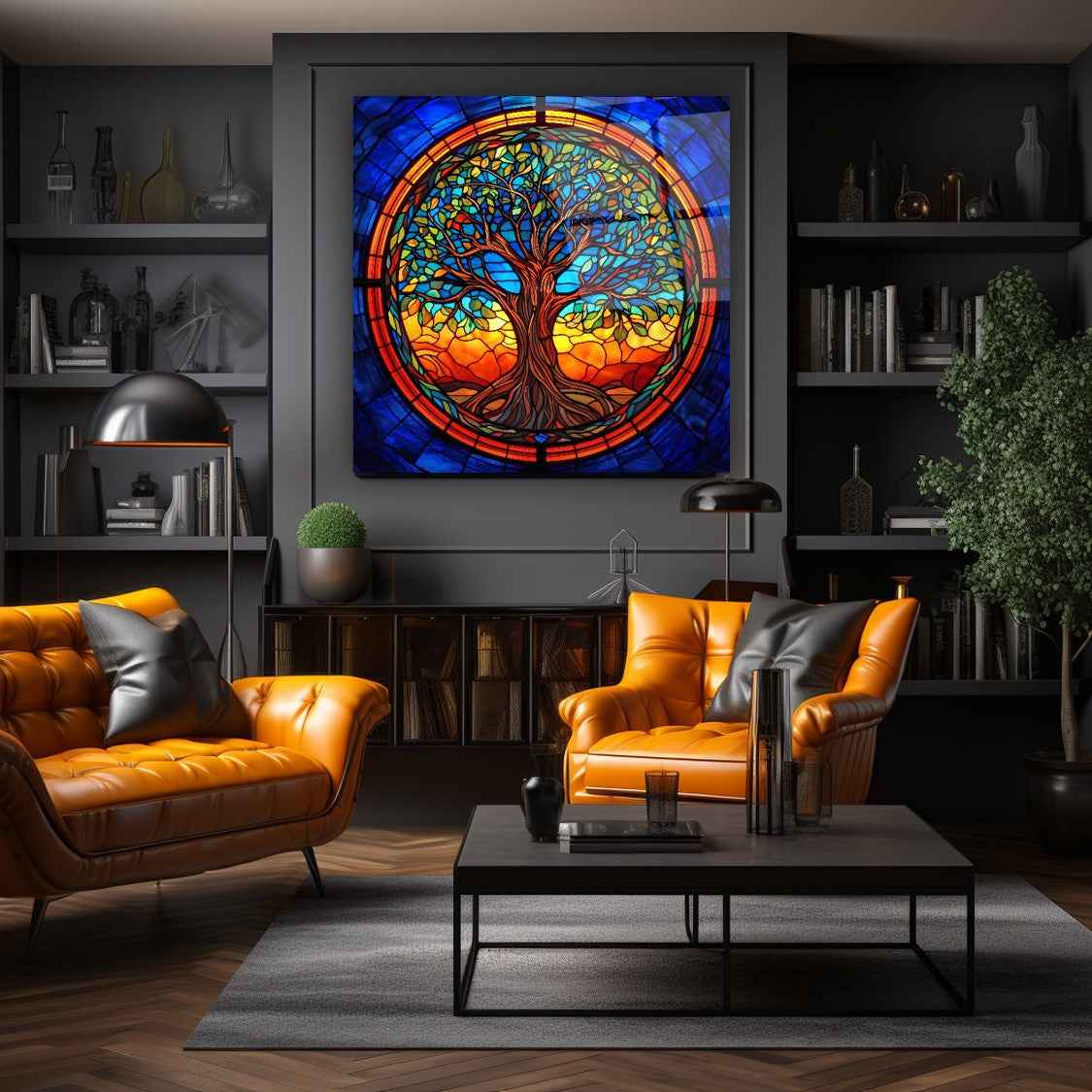 Vitray Görünümlü Hayat Ağacı Kare Cam Tablo