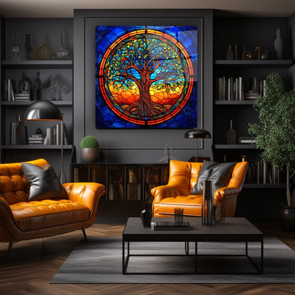 Vitray Görünümlü Hayat Ağacı Kare Cam Tablo