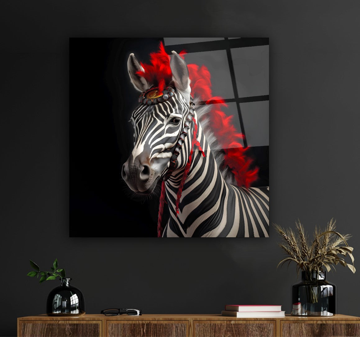 Kırmızı Saçlı Zebra Kare Cam Tablo