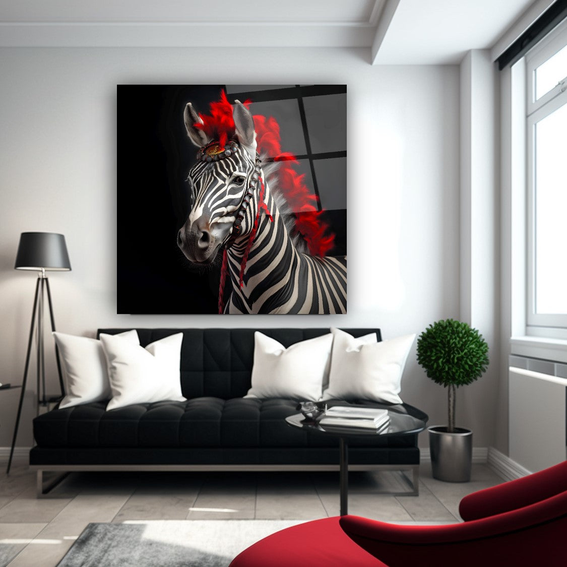 Kırmızı Saçlı Zebra Kare Cam Tablo