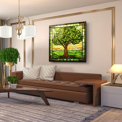 Vitray Görünümlü Hayat Ağacı Kare Cam Tablo