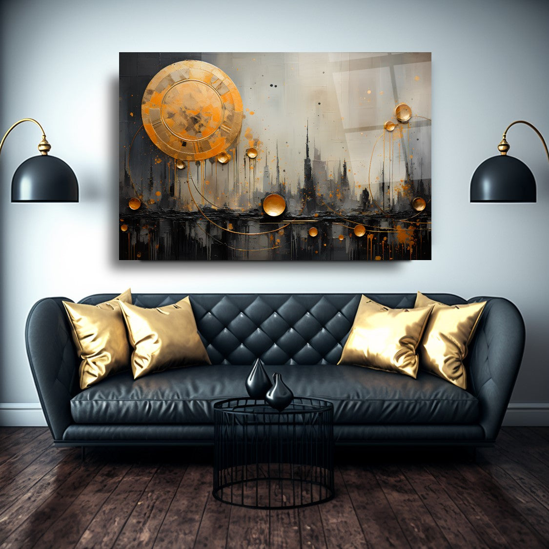 Gold Soyut Yatay Cam Tablo